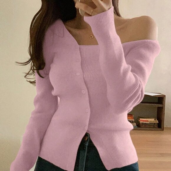 Pink Casual Womens Solid Asymmetrical Neck Button Through Ribbed Knit Cardigan - Picture 1 of 4